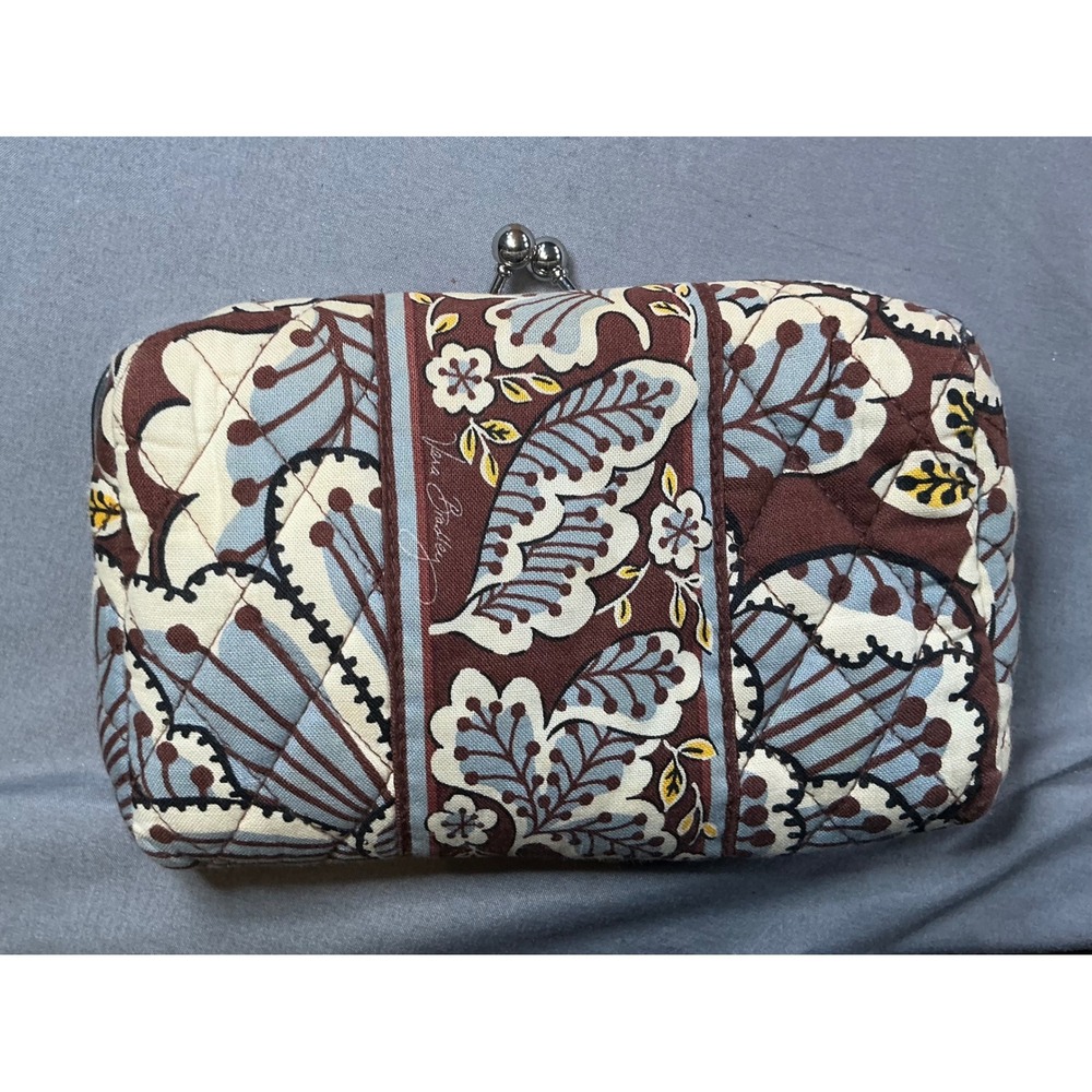 Vera Bradley Mesa Brown Kiss Lock Cosmetic Case Quilted Floral Makeup Bag Brown